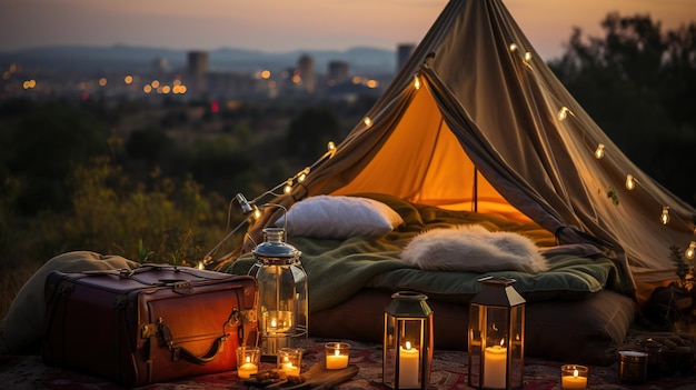 Generative AI romantic camping with lantern lights pillows blanket City view in the evening