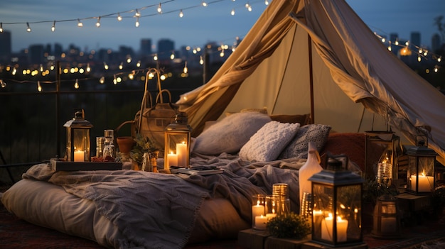 Generative AI romantic camping with lantern lights pillows blanket City view in the evening