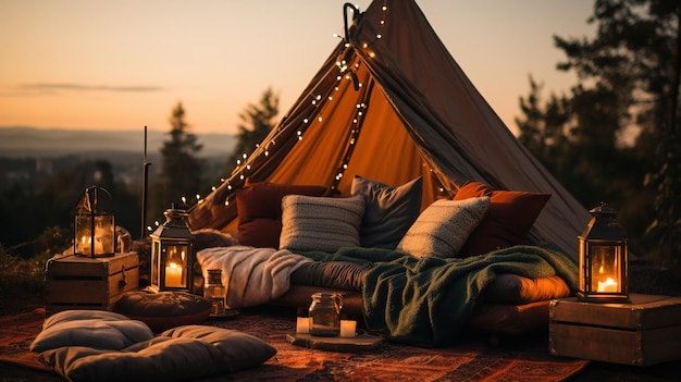 Generative AI romantic camping with lantern lights pillows blanket City view in the evening