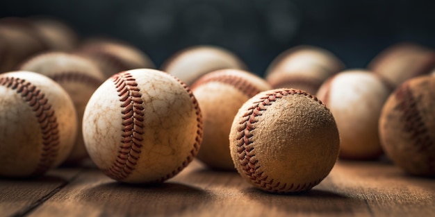 Generative AI Rough and rugged texture of old baseball balls close up on vintage background