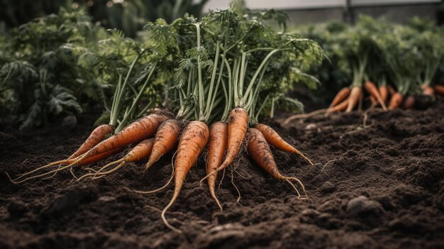 ジェネレーティブ AI 庭の地面の野菜に緑の葉が付いた新鮮なニンジンの列