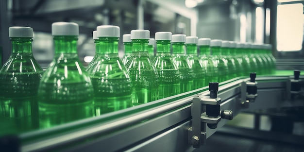 Generative AI Row of plastic bottles on conveyor of filling machine at modern pharmaceutical manufac