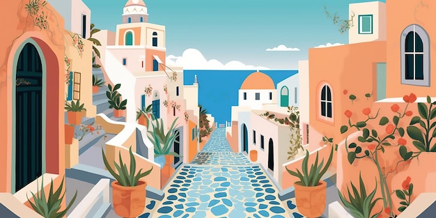 Generative AI Santorini Greece theme wall art print matisse style poster flat style illustration