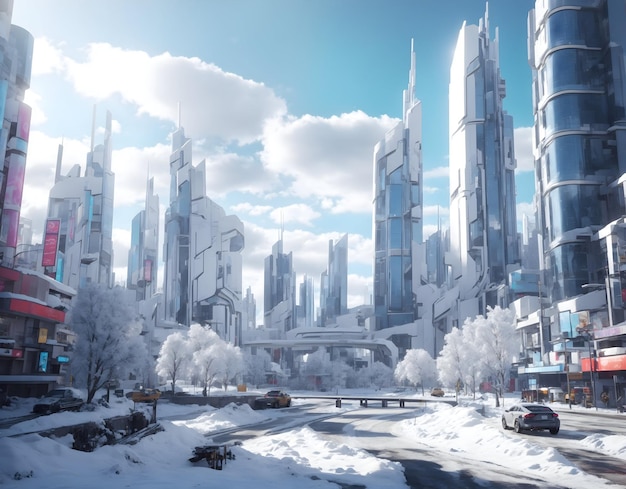 Generative AI Scene of cyberpunk city in the winter