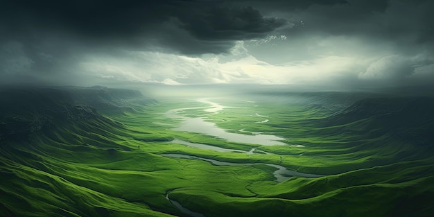 Generative AI scenic green hills in the clouds beautiful nature landscape