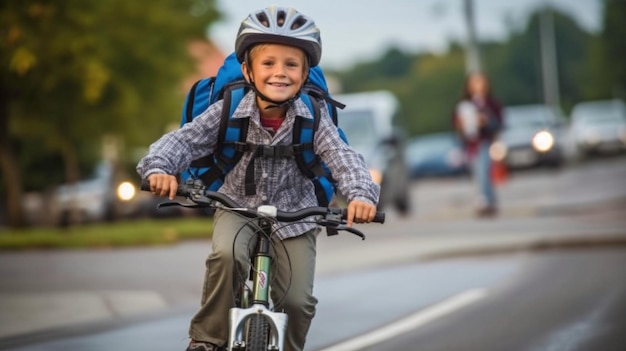 Generative AI schoolboy riding a bike while wearing a safety helmet and carrying a rucksack