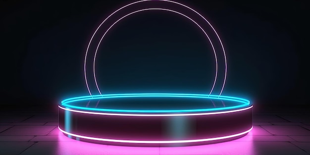 Генеративный AI SciFi Футуристический неоновый светящийся баннер с подиумом Абстрактный фон киберпанка