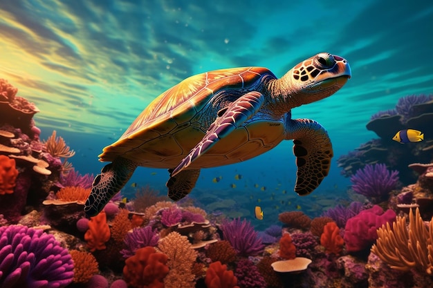 Generative AI Sea turtle swimming over beautiful coral reef under sunset sky splitted by waterline