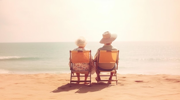 Generative AI A senior couple looking to the ocean or sea having fun at the beach