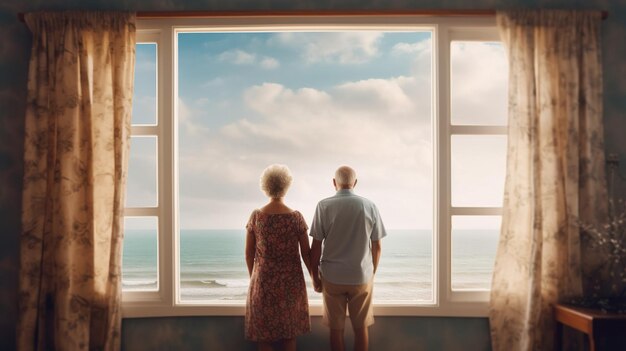 Generative AI A senior couple looking to the ocean or sea having fun at the beach