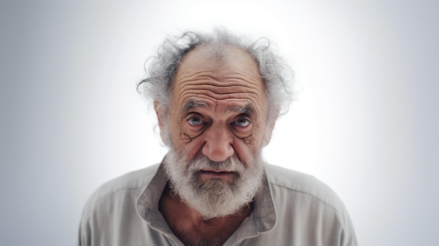 Generative AI Senior male actor conveying a range of emotions from sorrow to happiness in a series of expressions against a plain white backdrop