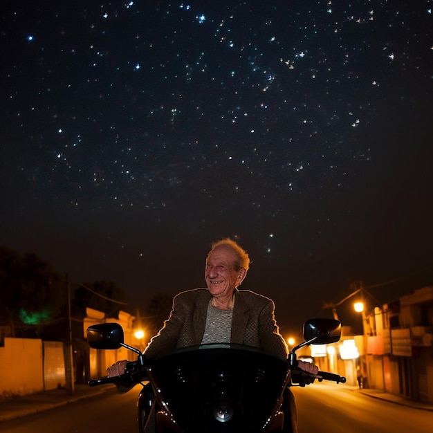 Generative ai senior old man driving motorcycle in starry glowing night