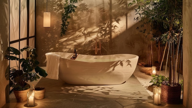 Generative AI Serene Japanese inspired bathroom with a handmade ceramic bathtub