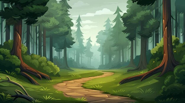 Generative AI A serene mistcovered forest with tall trees and a hidden path