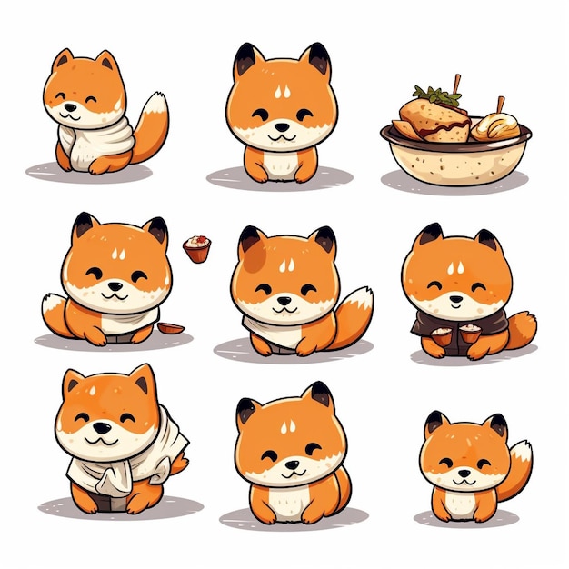 Generative AI Set of shiba inu sushi hand drawn on white background