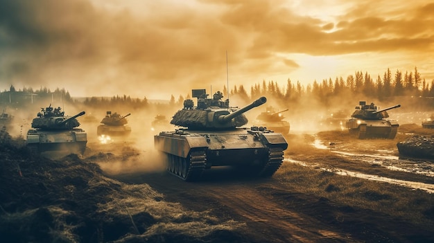 Генеративный ИИ: несколько танков в движении на поле