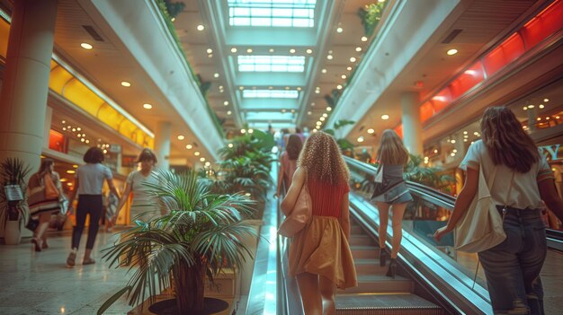 Generative AI shopping mall 1980s style with people motion blur blurred abstract background