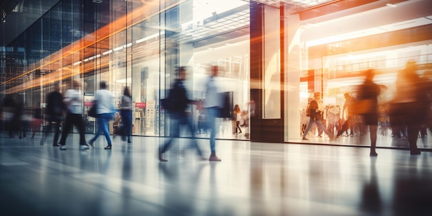 Generative AI shopping mall with people motion blur blurred abstract background