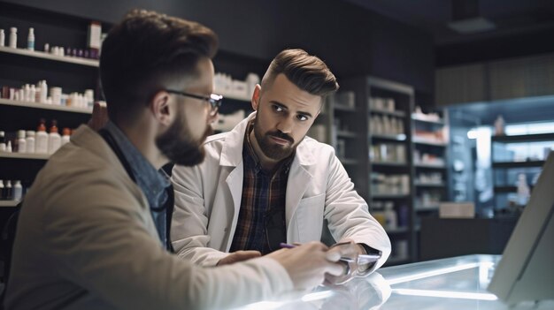 Generative AI showing a male pharmacist helping a customer with a prescription at a pharmacy