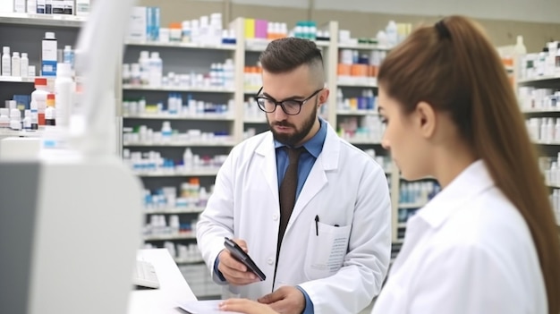 Generative AI showing a male pharmacist helping a customer with a prescription at a pharmacy