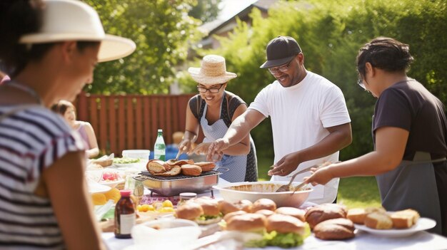 ジェネレーティブ AI は、テーブルに座っている家族や友人に食事を提供するバーベキュー料理人を示しています