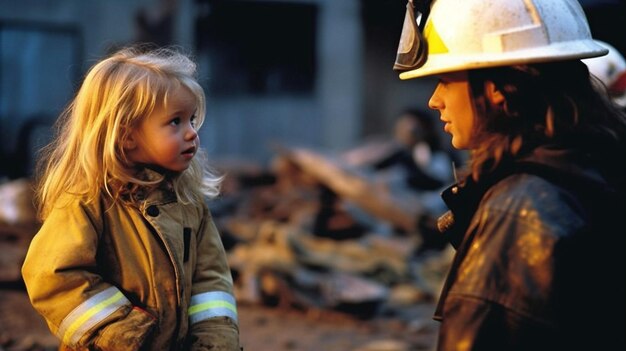 Generative AI shows a girl conversing with a firefighter inside a burning building