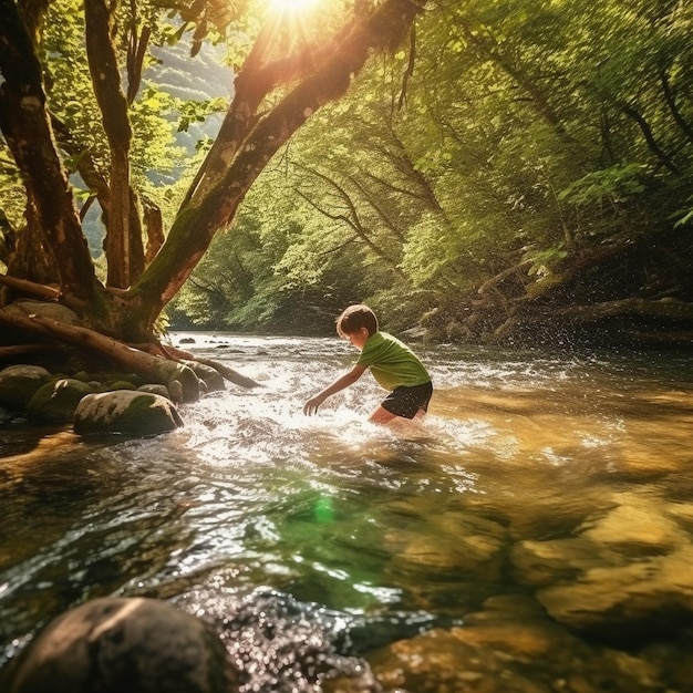 夏に水をはねる小さな幼児を示す生成 AI