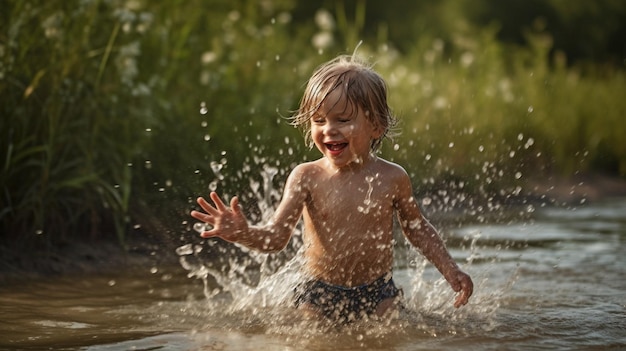 夏に水をはねる小さな幼児を示す生成 AI