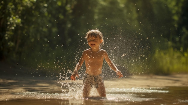 夏に水をはねる小さな幼児を示す生成 AI