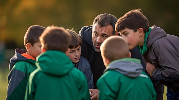 Generative AI shows a male coach instructing elementary school students in sports