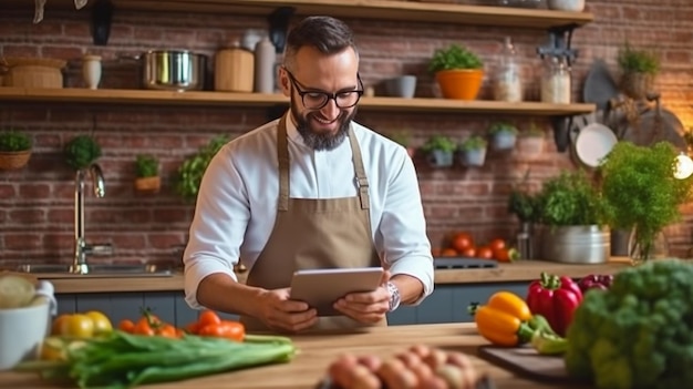 Generative AI shows a man cooking while perusing recipes online on a tablet computer