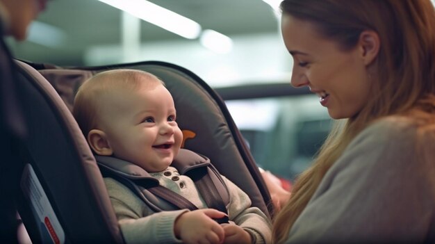 Generative AI shows a woman buckleing her infant into a car seat