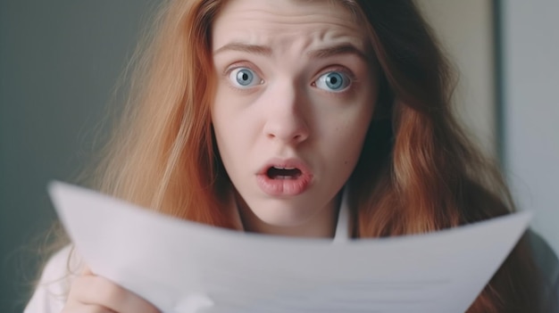 Generative AI shows a young woman under stress torn documents with an angry look