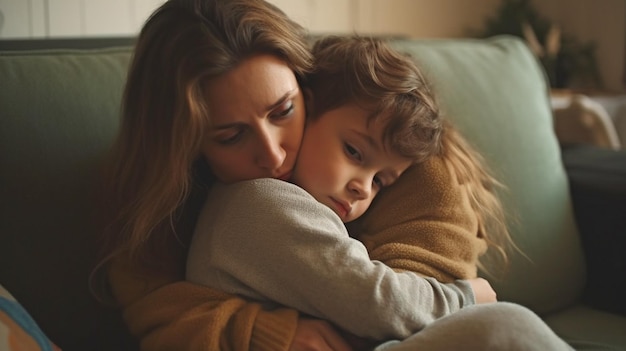 Generative AI shows a youngster cuddling his mother in a sad situation at home