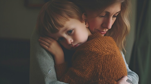 Generative AI는 집에서 슬픈 상황에서 어머니를 껴안고 있는 어린 아이를 보여줍니다.