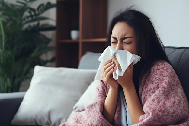 Generative AI Sick young woman sitting under the blanket on sofa and sneeze with tissue paper at h