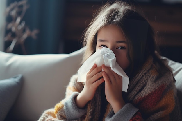 Generative AI Sick young woman sitting under the blanket on sofa and sneeze with tissue paper at h