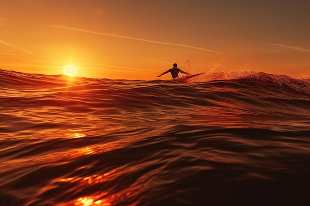 Generative ai silhouette of a man surfing at sunset in the ocean