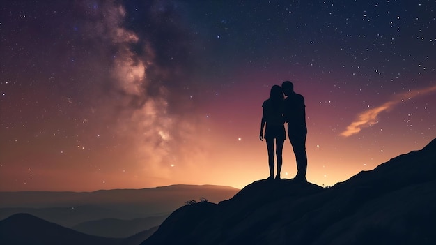 Generative AI Silhouette of young couple hiker were standing at the top of the mountain