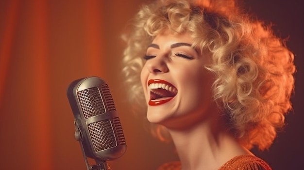 Photo generative ai and a singing woman with a retro microphone