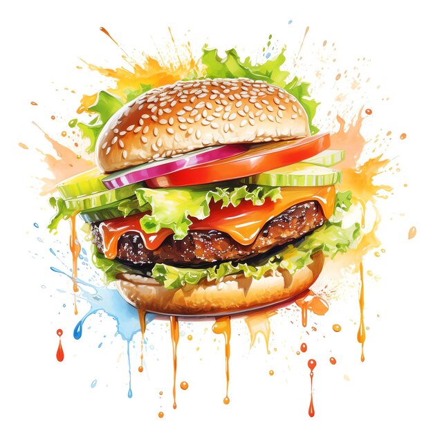 Generative AI Sizzling Savory Splash Watercolor Burger Delight on White Canvas