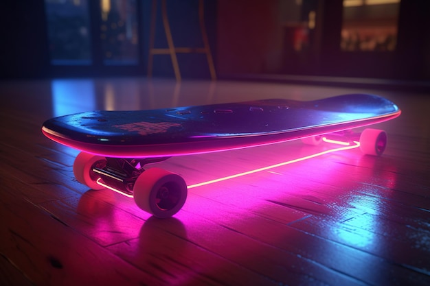 Generative AI skate board in cyberpunk style disco nostalgic 80s 90s Neon night lights