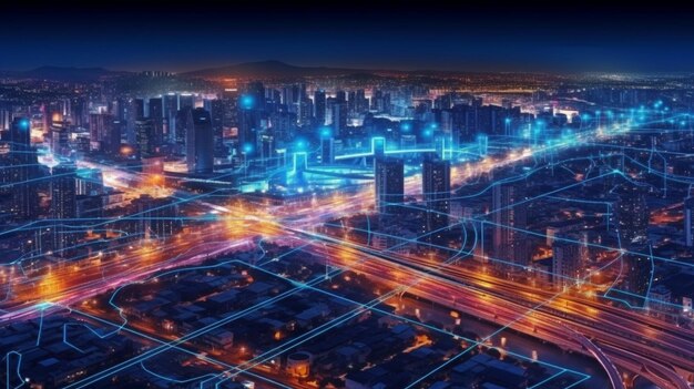 링크 네트워크 라인의 세계화 그래픽이 포함된 제너레이티브 AI 및 스마트 디지털 도시 고속도로