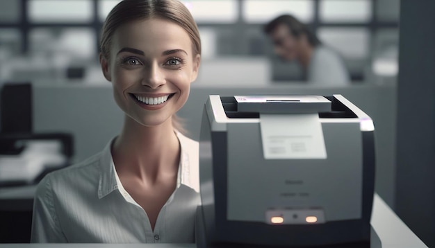 Generative AI smile woman employee scanning face on machine to record working time