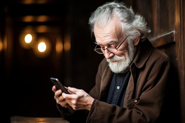 Generative AI Smiling mature businessman holding smartphone