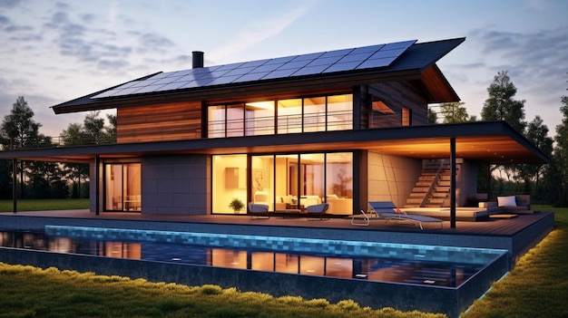 Generative AI solar panels on the roof of a beautiful new house