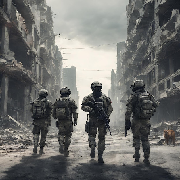 Generative AI soldiers walking down the street of a city in ruins