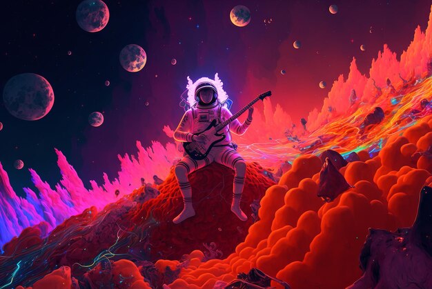 Photo generative ai spaceman playing guitar outer space wearing spacesuit