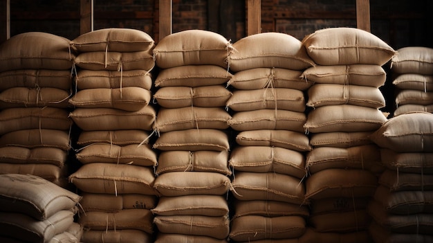 Photo generative ai stack hemp sacks of rice or coffee industrial storage