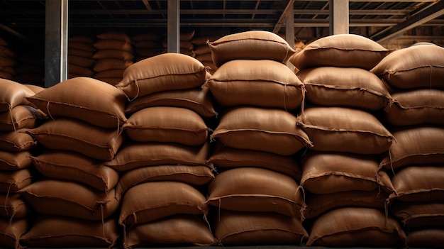 Photo generative ai stack hemp sacks of rice or coffee industrial storage